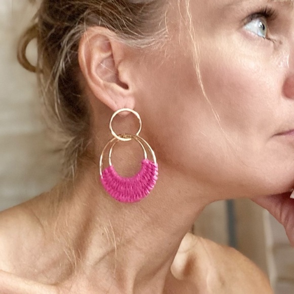 Pink Raffia Hoop Earrings - Picture 4 of 5
